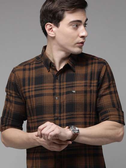 THE BEAR HOUSE Men
                        Brown Slim Fit Pure Cotton Checked Flannel
                        Casual Shirt