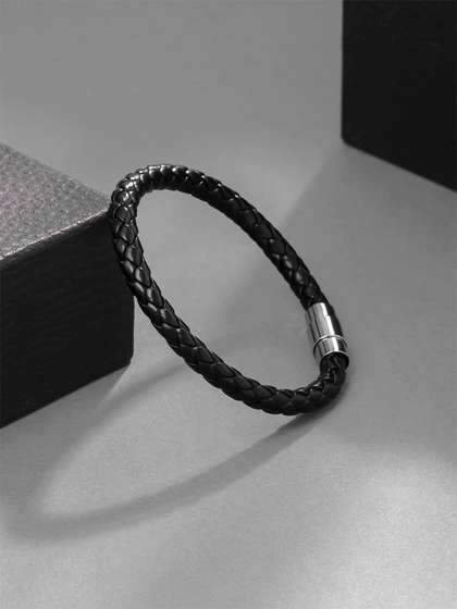 Yellow Chimes Men Black
                    Leather Strand Bracelet