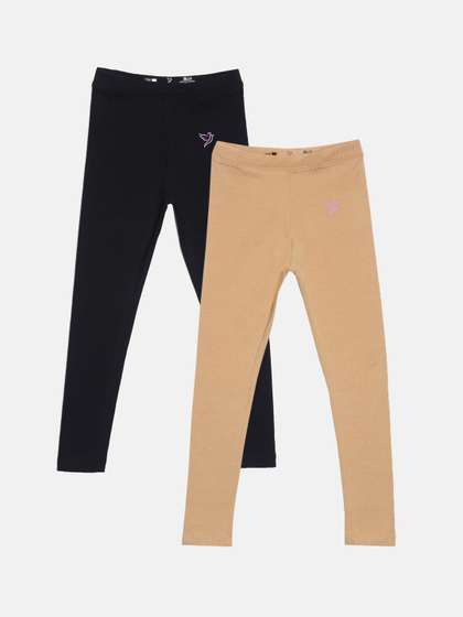 TWIN BIRDS Girls Pack Of
                    2 Beige & Black Solid Ankle-Length Pure Cotton
                    Leggings