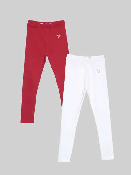 TWIN BIRDS Girls Pack Of
                    2 Red & White Pure Cotton Tailored-Fit
                    Ankle-Length Leggings