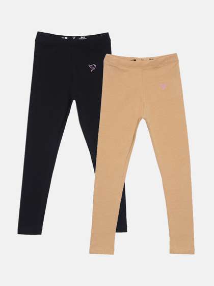 TWIN BIRDS Girls Pack Of
                    2 Beige & Black Pure Cotton Tailored-Fit
                    Ankle-Length Leggings