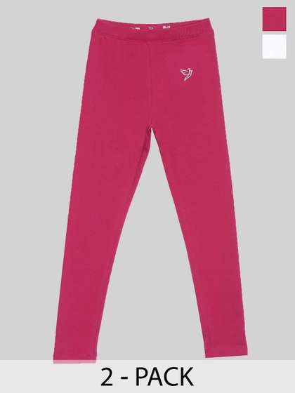 TWIN BIRDS Girls Pack
                      Of 2 Pink & White Ankle-Length Tailored-Fit
                      Pure Cotton Leggings