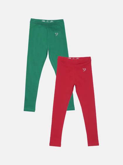 TWIN BIRDS Girls Pack Of
                    2 Green & Red Tailored-Fit Pure Cotton
                    Ankle-Length Leggings