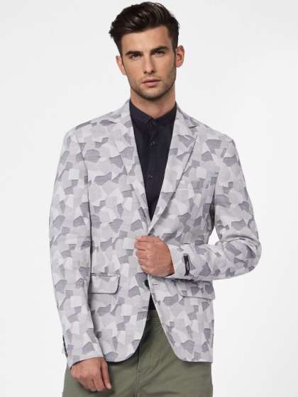 Jack & Jones Men Grey Printed Single Breasted Casual Blazer