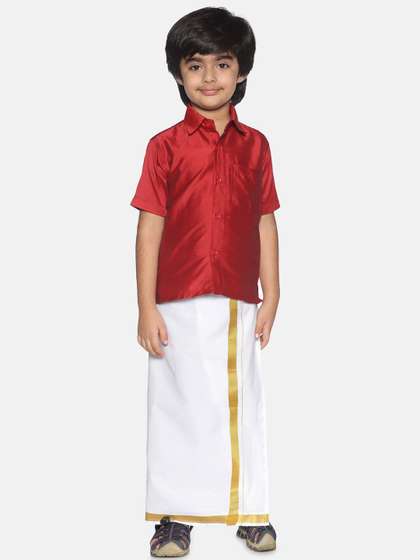 Sethukrishna Boys Red
                    & White Shirt With Veshti Set