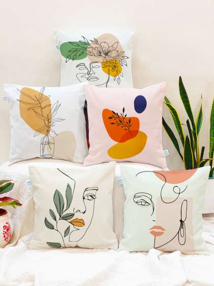 STITCHNEST Pink & White Set of 5 Abstract Square Cushion Covers