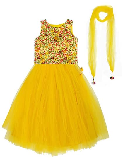 A T U N Girls Yellow & Red Embroidered Thread Work Ready to Wear Lehenga & Blouse With Dupatta