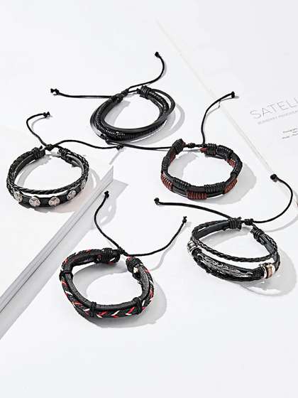 Yellow Chimes Unisex
                        Set of 5 Black & Red Leather Stackable
                        Multistrand Bracelets