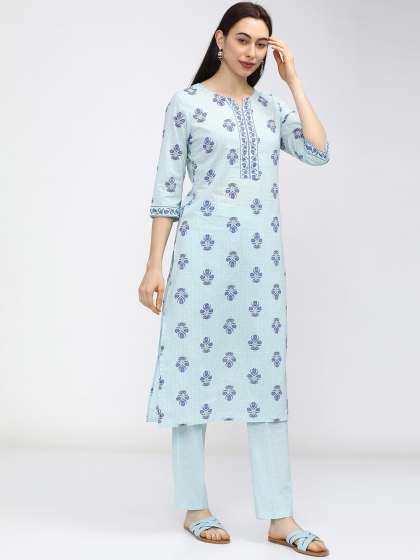 Vishudh Women Blue Printed Pure Cotton Kurta with Trousers