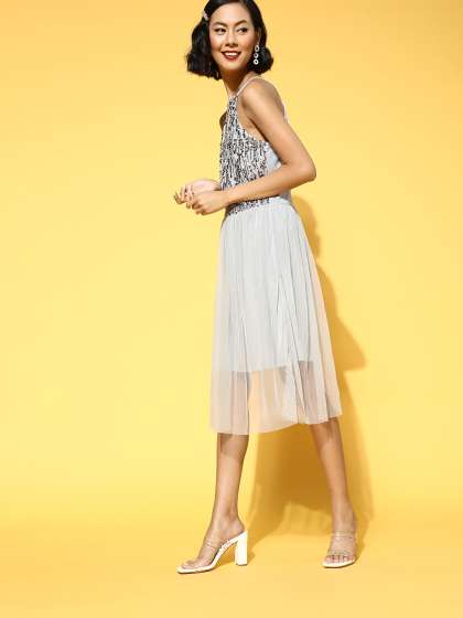 plusS Women Beautiful Grey Solid Bling & Sparkly Dress