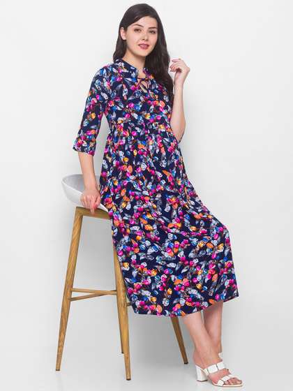 AV2 Navy Blue &
                        Pink Floral Maternity A-line Midi Dress