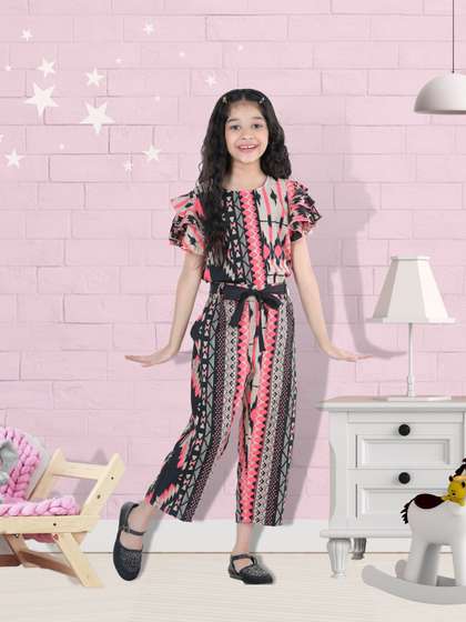 Cutiekins Girls Black
                    & Pink Printed Ruffle Sleeves Capri Jumpsuit