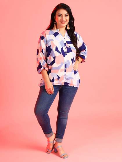 Instafab Plus Plus
                        Size Women Multicoloured Print Mandarin Collar
                        Shirt Style Top