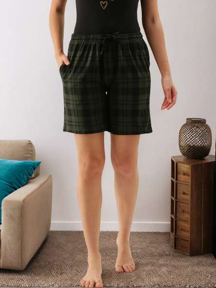 Kryptic Women
                          Olive Green & Black Pure Cotton Checked
                          Lounge Shorts