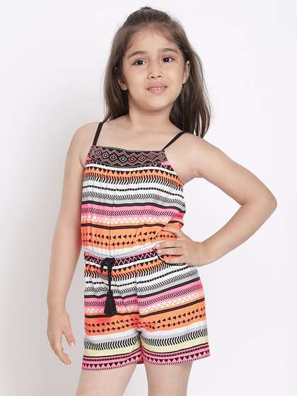 Nauti Nati Girls Orange
                    & Pink Printed Pure Cotton Playsuit