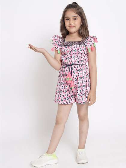 Nauti Nati Girls Pink
                    & Navy Blue Printed Jumpsuit with Tassels and
                    Embroidered Detail