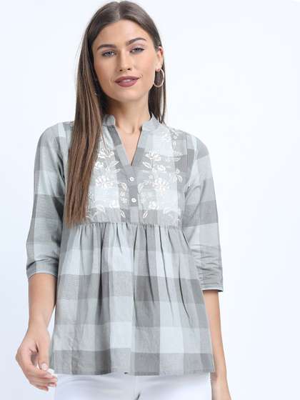 Vishudh Grey Checked Mandarin Collar Top