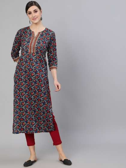 Nayo Women Blue7 Red
                        Ethnic Motifs Printed Straight Kurta