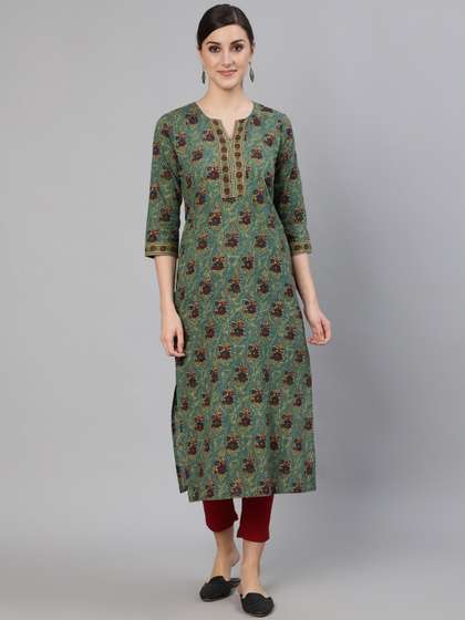 Nayo Women Blue Floral Printed Straight Cotton Kurta