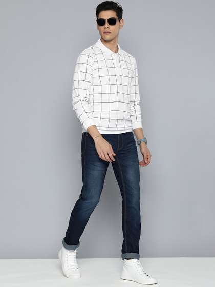 Harvard Men White Checked Polo Collar T-shirt