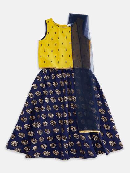 AKKRITI BY PANTALOONS Girls Mustard & Navy Blue Printed Ready to Wear Lehenga & Blouse With Dupatta