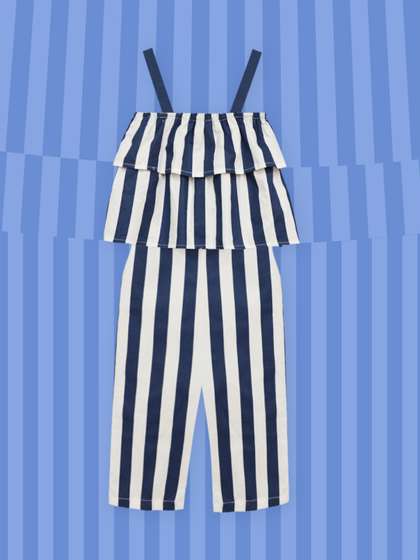 A.T.U.N. Girls Navy Blue
                    & White Striped Basic Jumpsuit
