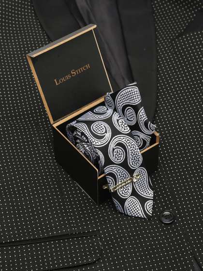 LOUIS STITCH Men
                    Midnight Black Italian Silk Necktie Accessory Gift
                    Set