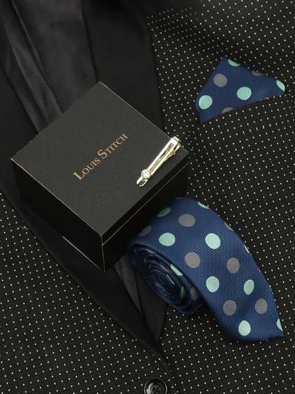 LOUIS STITCH Men Polka
                    Dotted Blue Italian Silk Necktie Accessory Gift Set