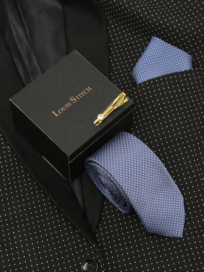 LOUIS STITCH Men Ash
                    Blue Italian Silk Necktie Accessory Gift Set