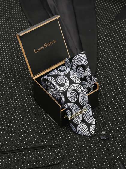 LOUIS STITCH Men
                    Midnight Black Italian Silk Necktie Accessory Gift
                    Set