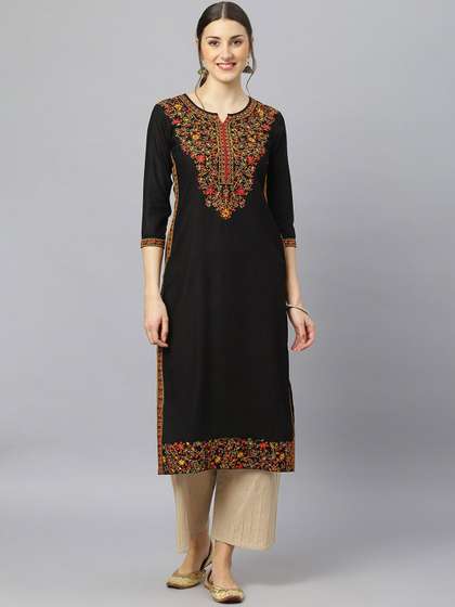 FASHION DEPTH Women Black Ethnic Motifs Embroidered Straight Kurta