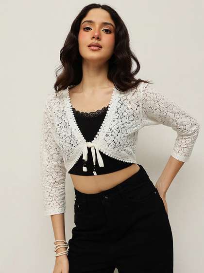 Espresso Women Off
                      White Crop Tie-Up Shrug
