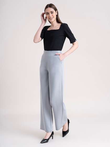 FableStreet Women
                        Grey LivIn Wide Leg Formal Trousers
