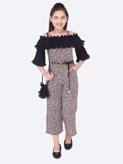 CUTECUMBER Girls Black & Pink Printed Basic Jumpsuit