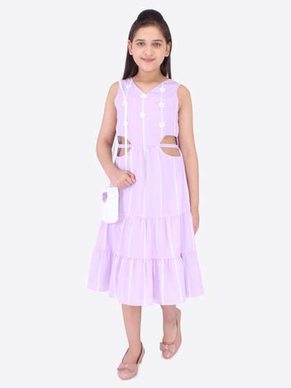 CUTECUMBER Purple
                    Striped Georgette A-Line Midi Dress With Sling Bag