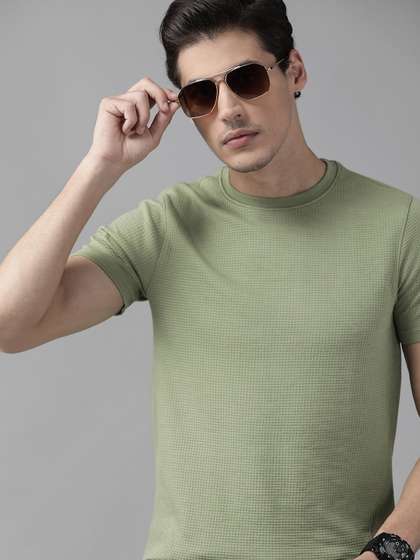 Roadster The Lifestyle Co Men Olive Green Waffle Texture T-shirt