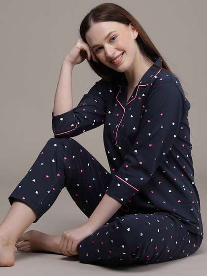 beebelle Women Navy
                        Blue & Pink Printed Pure Cotton Night suit