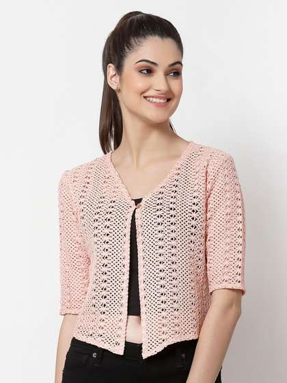 Style Quotient Women
                        Peach-Coloured Self Design Button Shrug