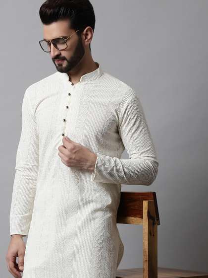 Jompers Men
                        Cream-Coloured Ethnic Motifs Embroidered Cotton
                        Kurta