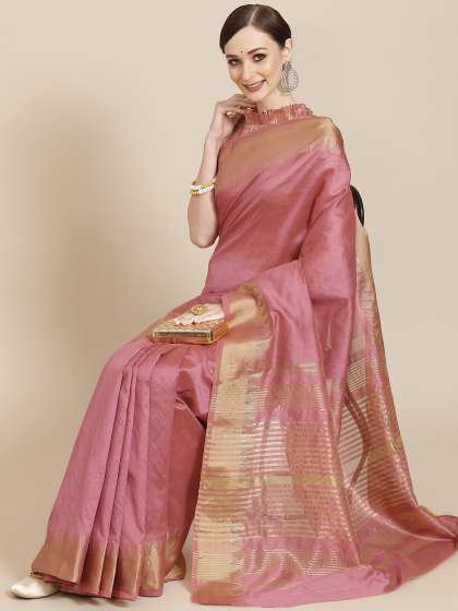 KALINI Pink & Golden Pure Silk Saree
