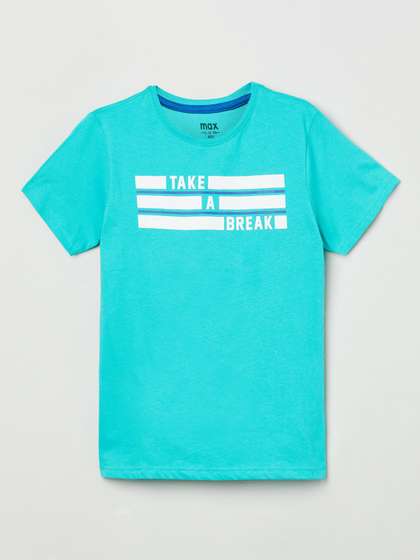 max Boys Green Typography Printed Pure Cotton T-shirt
