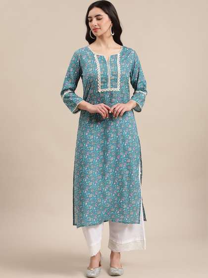 Varanga Women Blue Jaipuri Floral Print Pure Cotton Lace Detailed Kurta