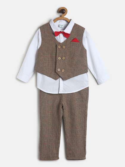 MINI KLUB Boys Brown
                    & White Checked Pure Cotton Shirt with Trousers
                    With Waist Coat