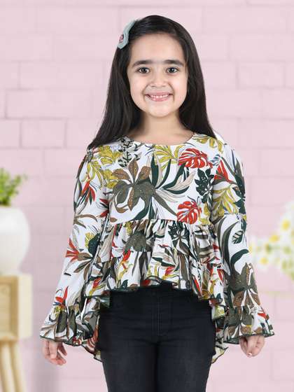 Cutiekins Girls White
                      & Green Floral Print Crepe Empire Top