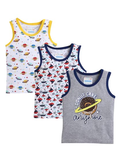 BUMZEE Boys Pack Of 3 Grey & White Printed Pure Cotton Innerwear Vest