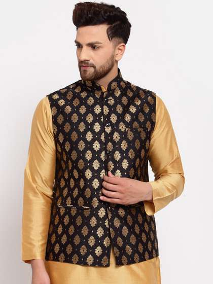 Badoliya & Sons
                        Men Black & Gold-Coloured Woven Design Nehru
                        Jacket