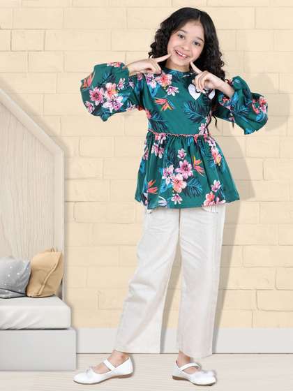 Cutiekins Girls Teal
                    & Off White Floral Top with Palazzos