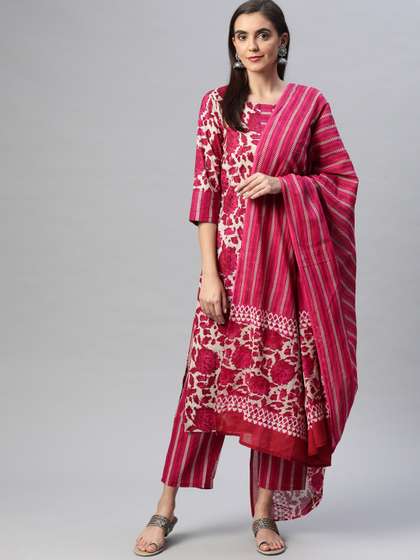 Yuris Women Magenta Printed Pure Cotton Kurta with Trousers & With Dupatta