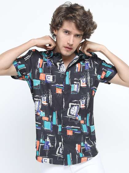 Men Black & Orange Printed Slim Fit Casual Shirt