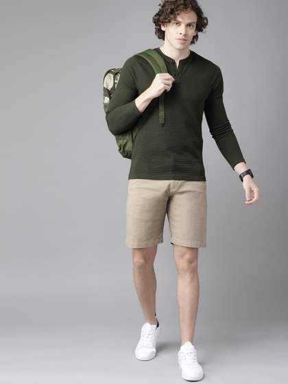 Roadster Men Green Self-Design Henley Neck T-shirt
